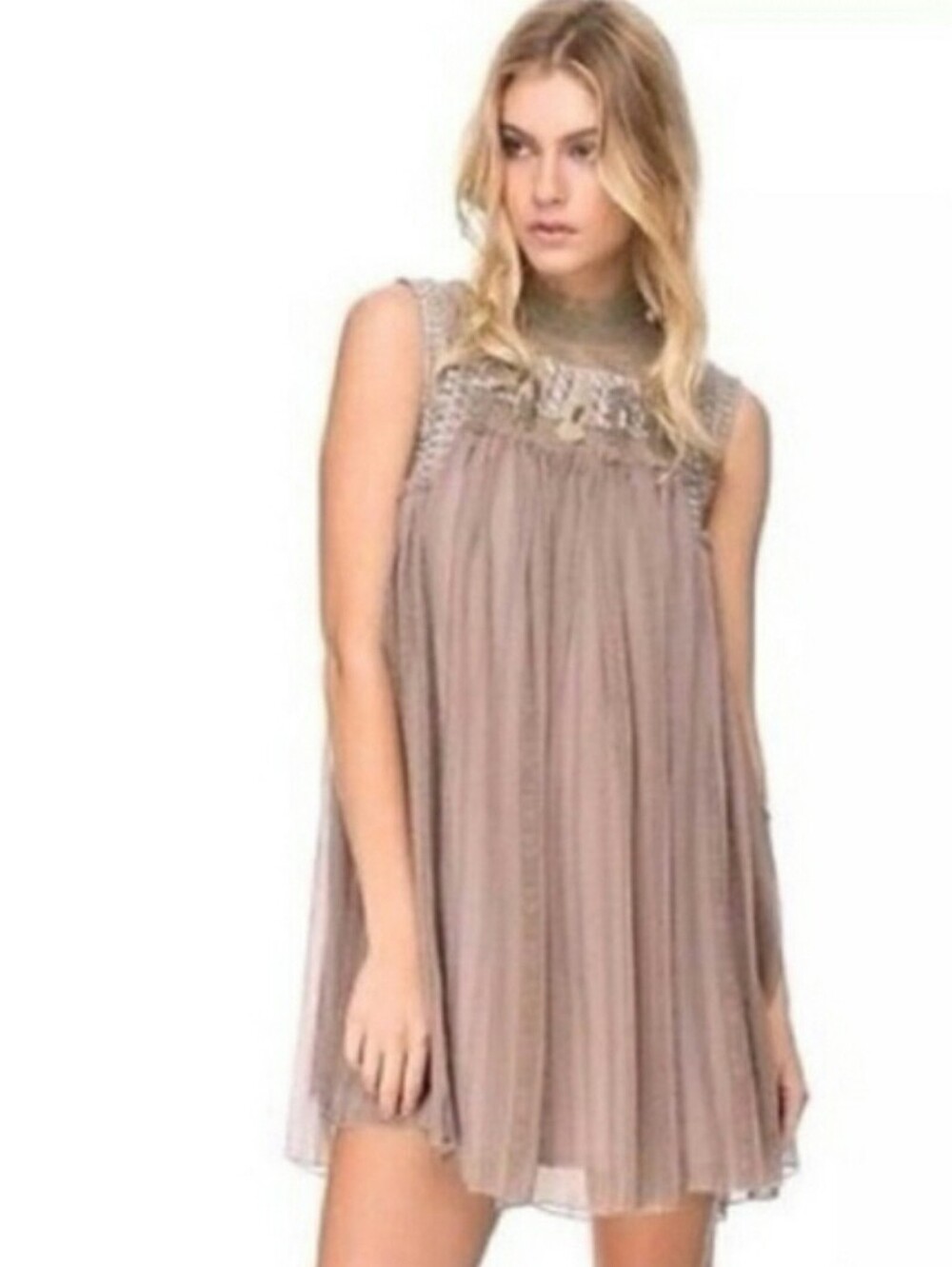 Free People Penny Georgette Babylon Taupe Lace Mock Neck Stone Comb Mini Dress S